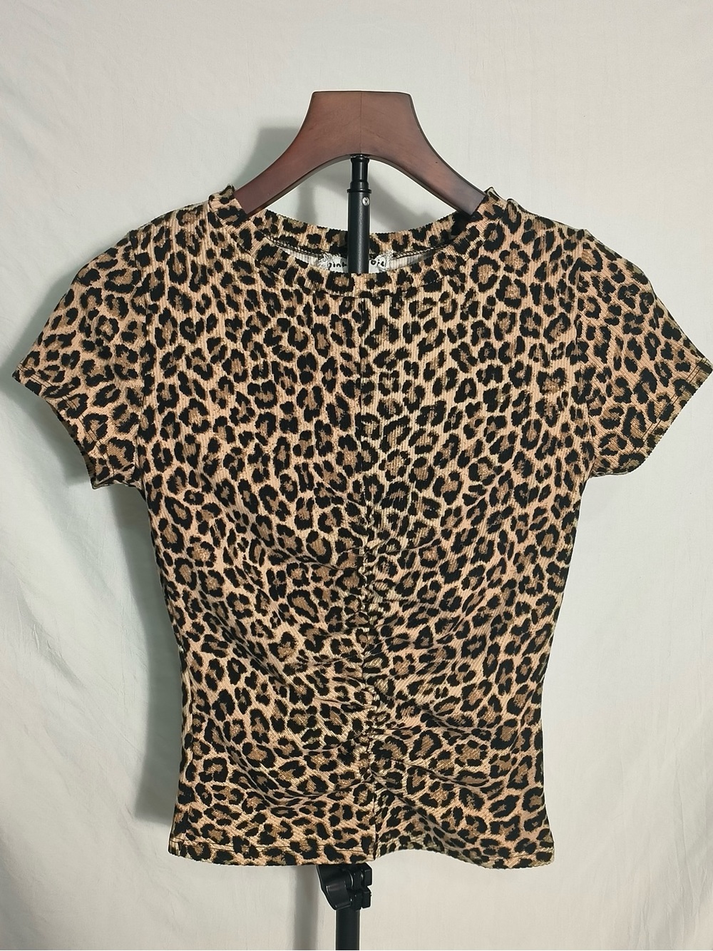 Pink Rose Leopard Print Ruched Fitted Baby Tee Top Size S